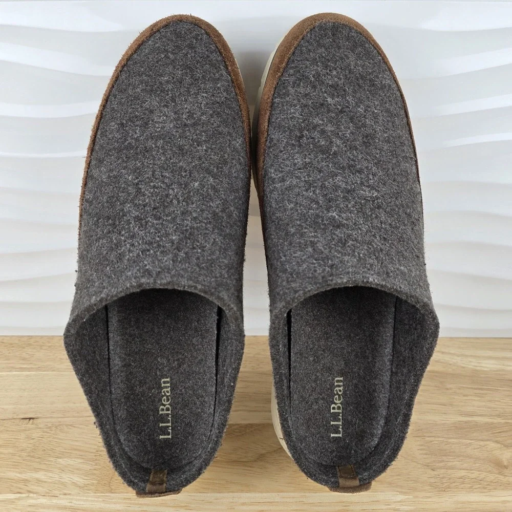 LL Bean Downeast Slip On Clogs Gray Wool Brown Suede Shoes Mens Size 11